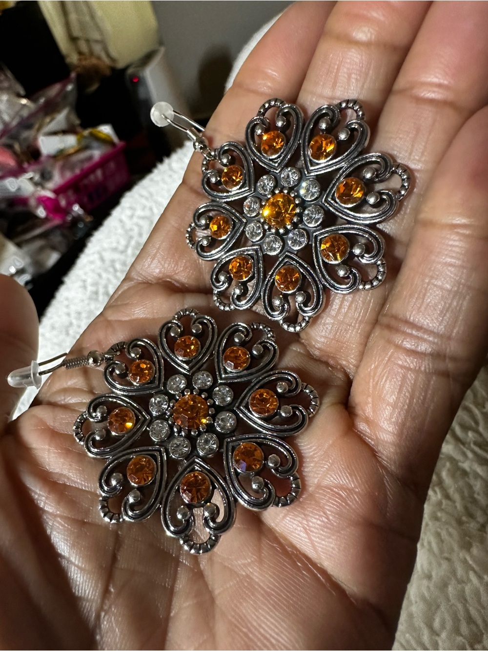 Vintage-Inspired Silver Filigree Earrings with Amber Crystals - Women Jewelry